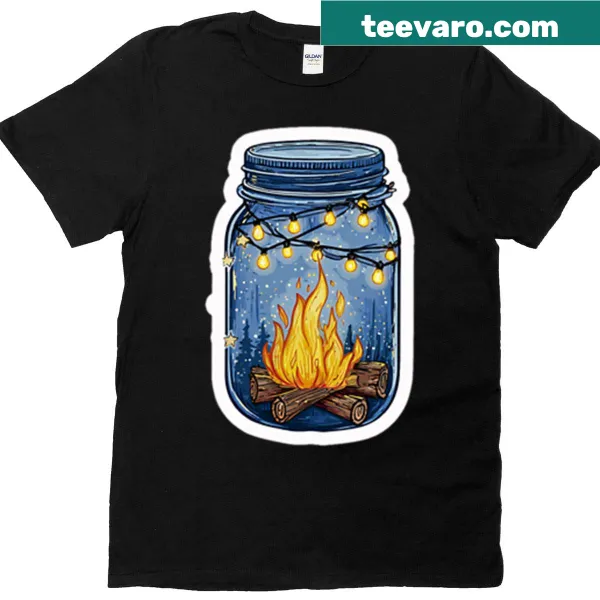 Campfire in a mason jar with string lights illustration T-shirt