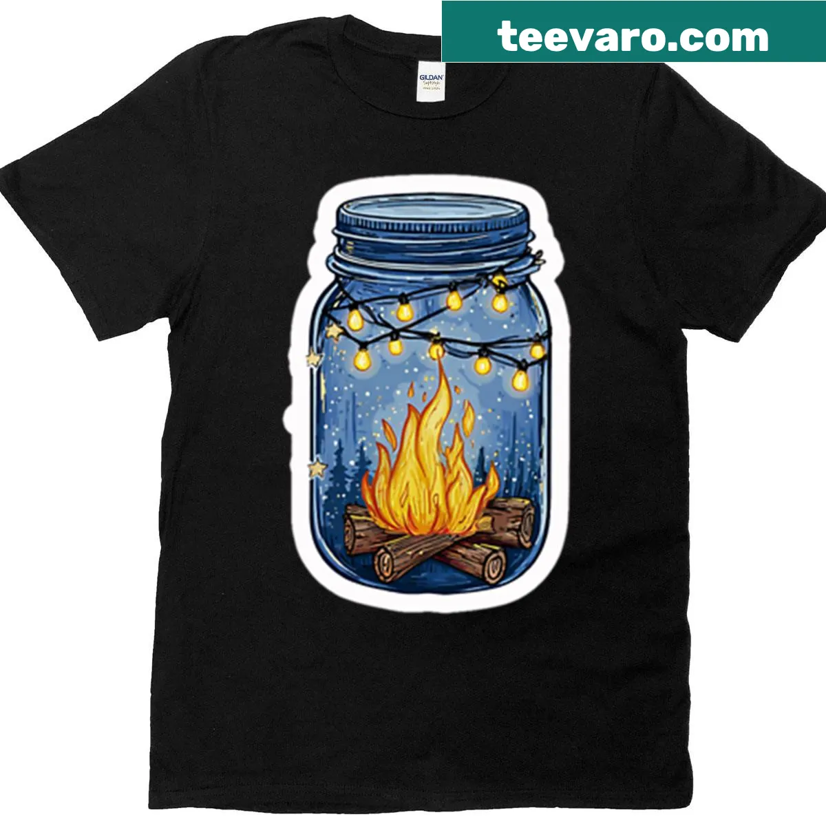 Campfire in a mason jar with string lights illustration T-shirt — on a men's t-shirt