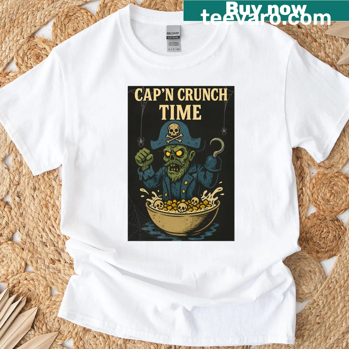 Cartoon graphic of a bowl of Capn Crunch cereal on a tee — on a men's t-shirt