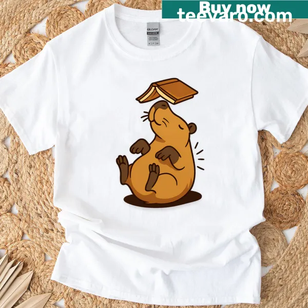 Whimsical capybara reading illustration on t-shirt