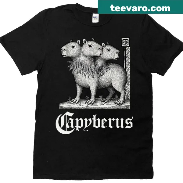 Illustration of a whimsical capyberus on a medieval bestiary shirt