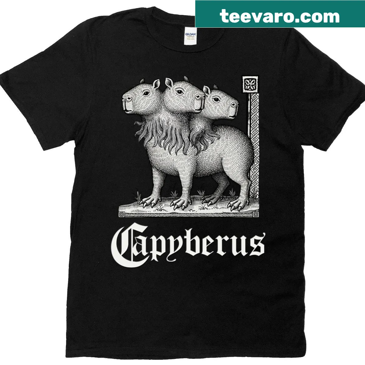 Illustration of a whimsical capyberus on a medieval bestiary shirt — on a men's t-shirt