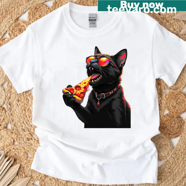 Cartoon cat happily eating a slice of pizza on a t-shirt.