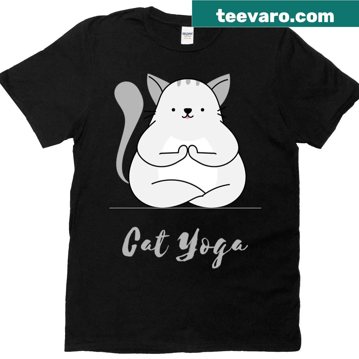 Cartoon cat doing yoga with humorous text about likes — on a men's t-shirt