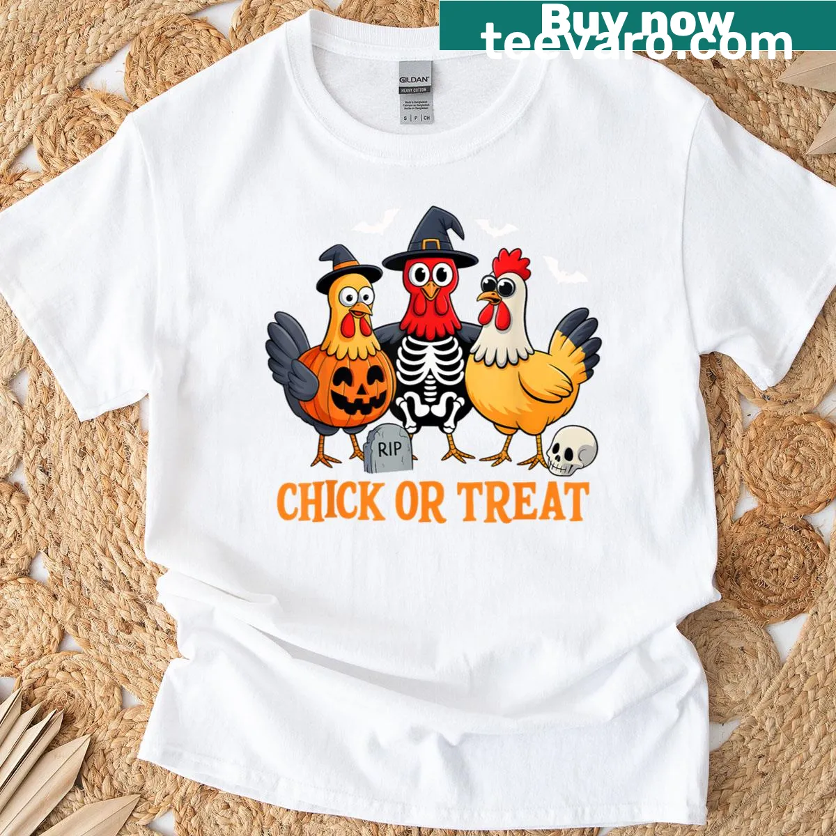 Funny cartoon t-shirt featuring a chicken in a Halloween costume — on a men's t-shirt