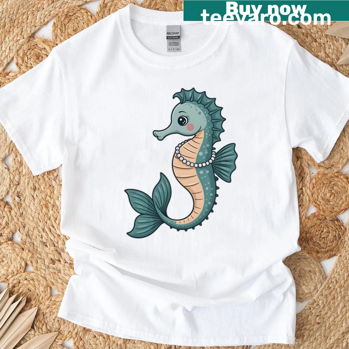 Chubby mermaid with seahorse and pearls graphic on a t-shirt — on a men's t-shirt