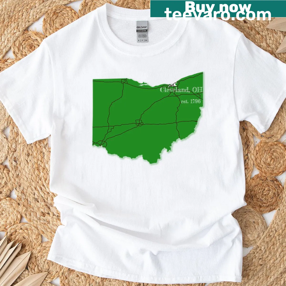 Minimalist line-art design of Cleveland, OH on a tee — on a men's t-shirt