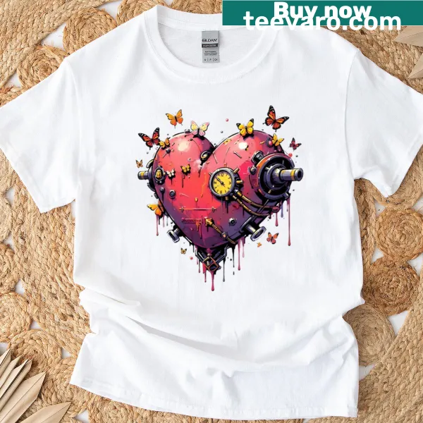 Illustration of a steampunk clockwork heart on a t-shirt