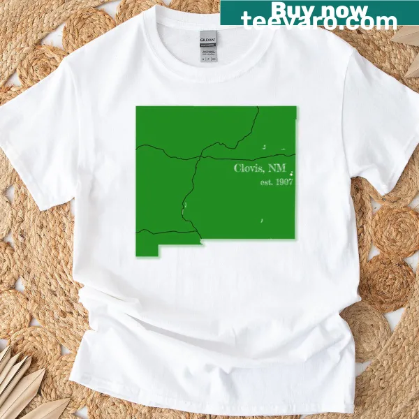 T-shirt featuring the name Clovis, NM in bold typography.