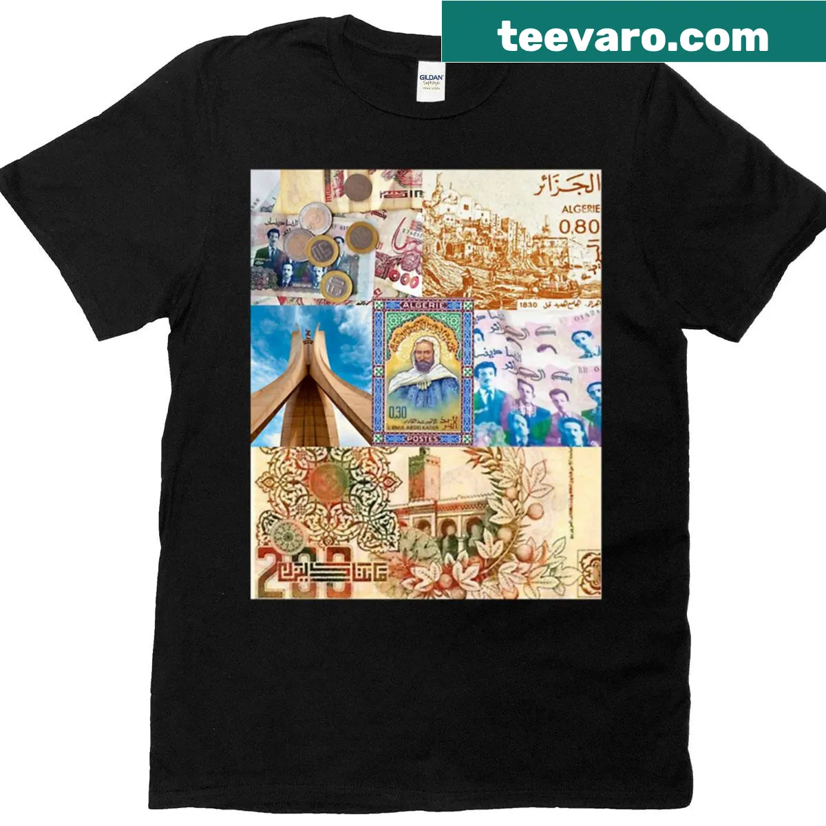 T-shirt with a graphic of Algeria's characters and monument — on a men's t-shirt