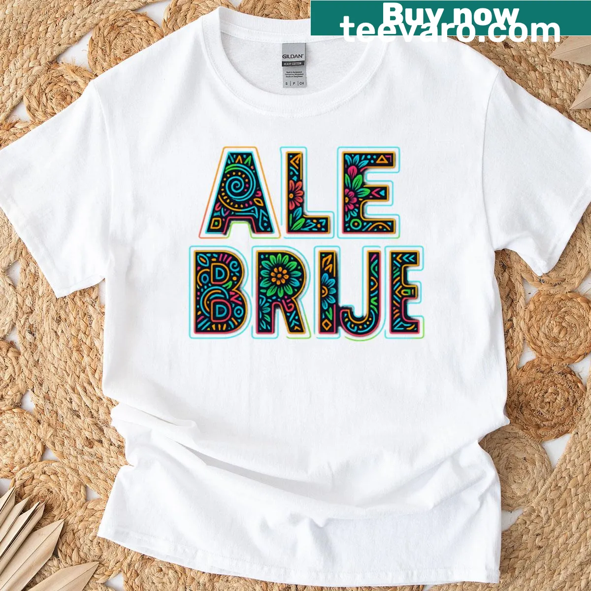 Typography T-shirt with letters in alebrije style — on a men's t-shirt