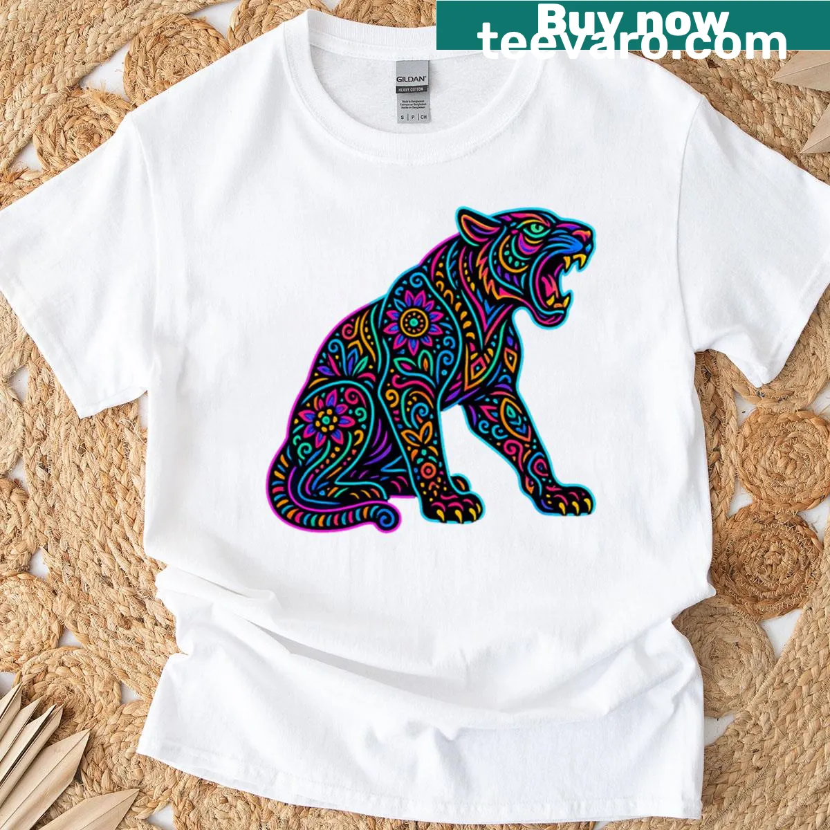 Illustration of a jaguar in alebrije style on a T-shirt — on a men's t-shirt