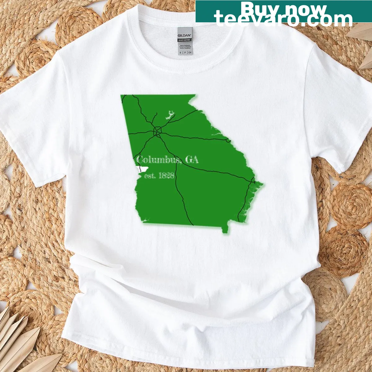Minimalist typography shirt featuring 'Columbus Ga' — on a men's t-shirt