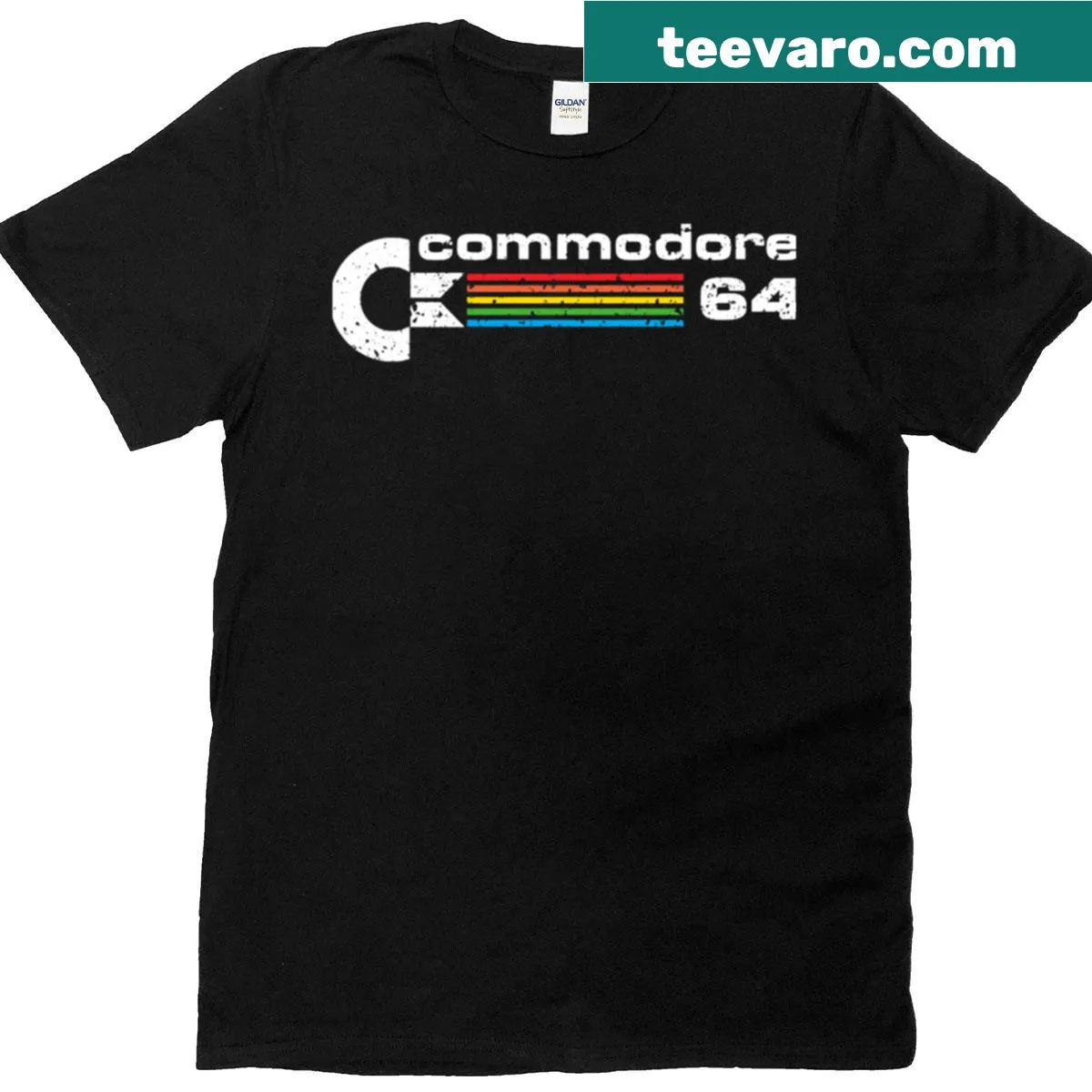 Vintage distressed tee featuring Commodore 64 retro computer graphics. — on a men's t-shirt