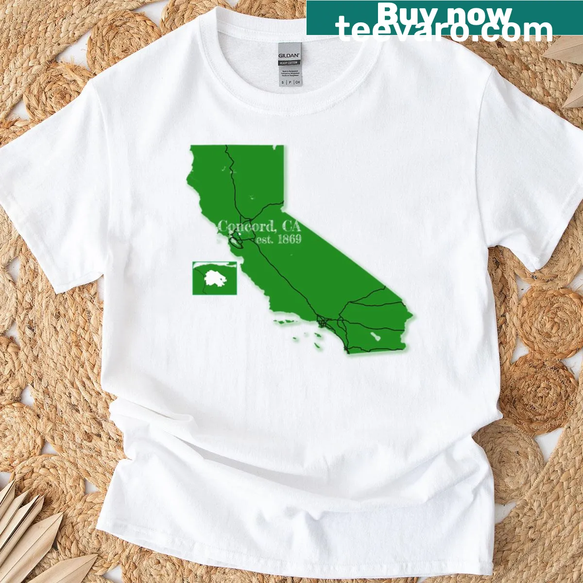 Typographic Concord Ca green T-shirt — on a men's t-shirt