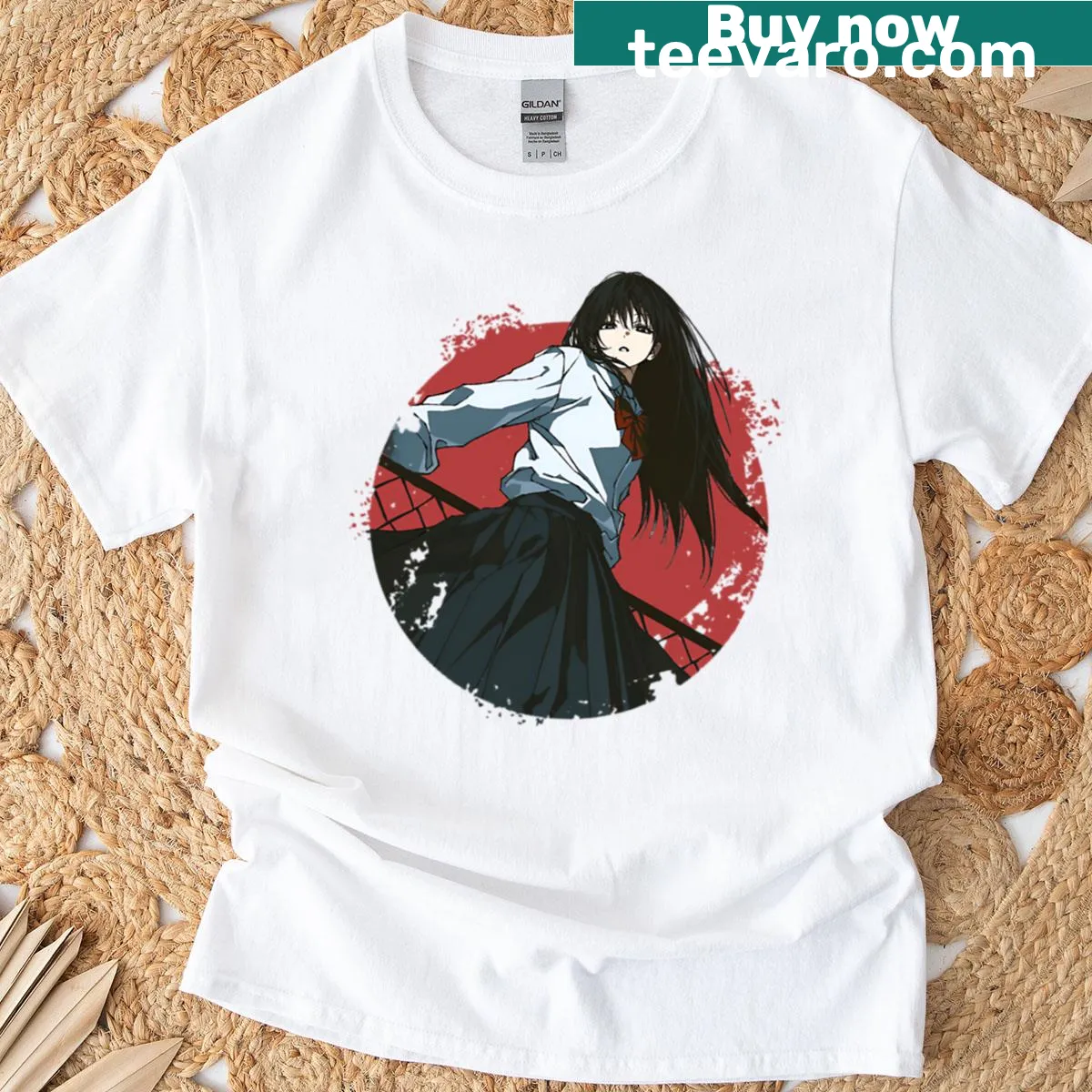 Anime girl in school uniform illustrated T-shirt — on a men's t-shirt