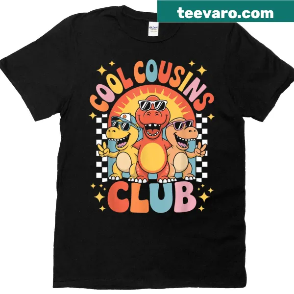 T-Rex graphic on a shirt with the words Cool Cousins Club
