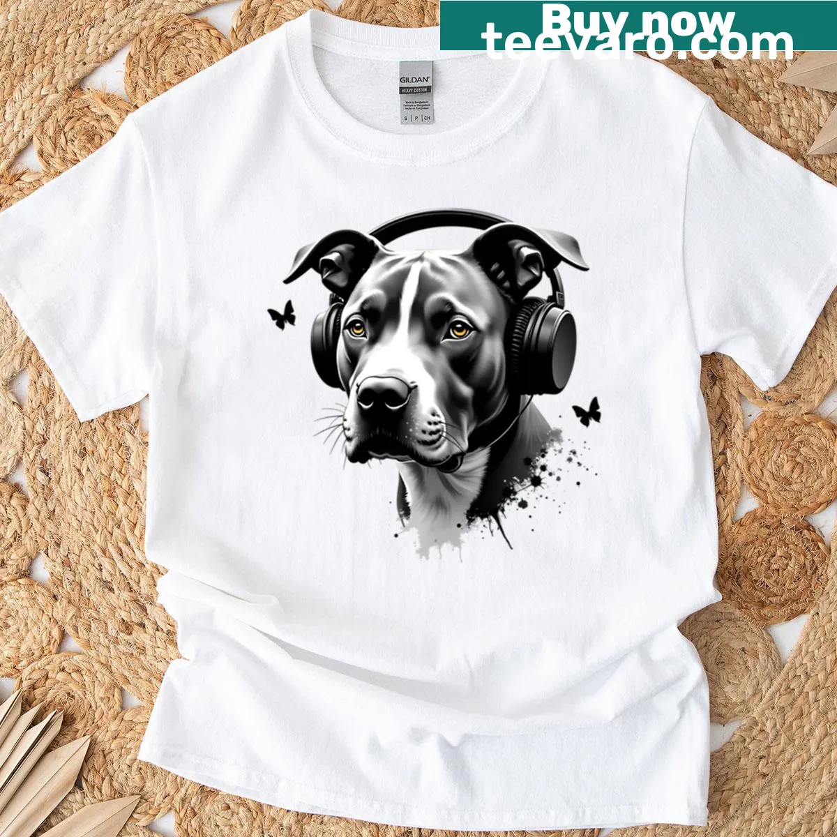 Cartoon dog wearing headphones on Cool Dog T-shirt — on a men's t-shirt