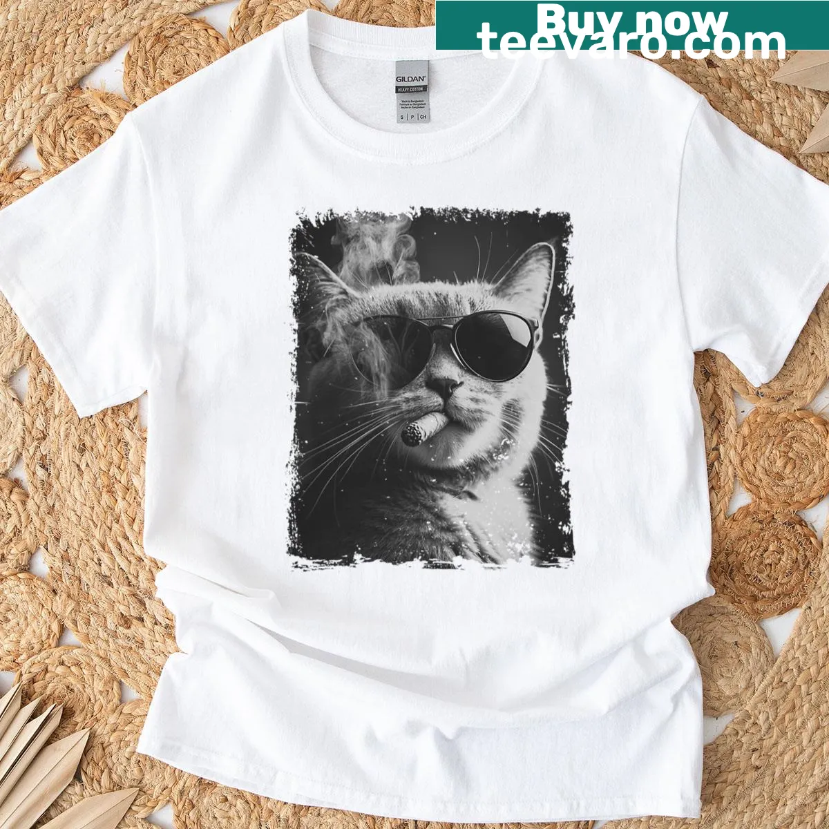 Grunge style T-shirt with a funny smoking cat and sunglasses design — on a men's t-shirt