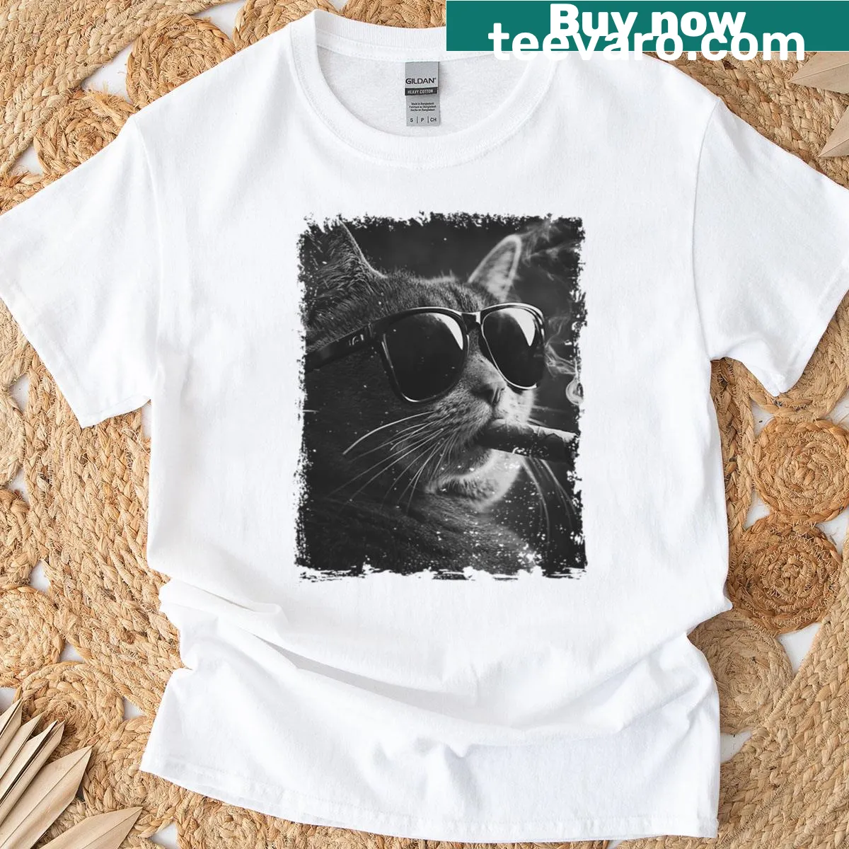 Edgy black and white t-shirt featuring a cool smoking cat — on a men's t-shirt
