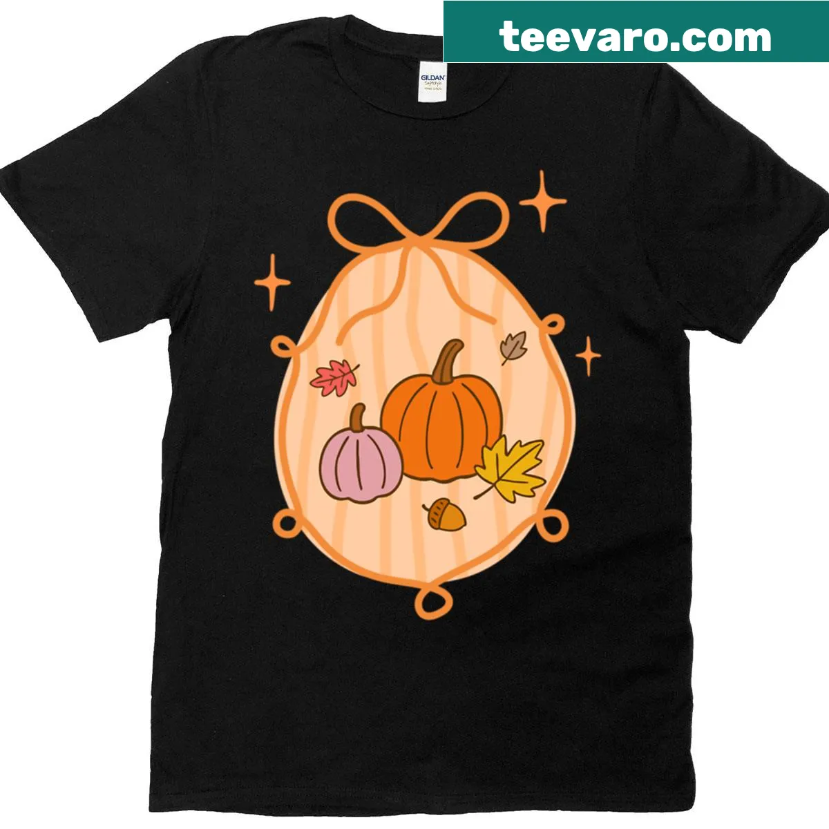 Cute autumn-themed T-shirt with pumpkins, leaves, and a bow — on a men's t-shirt