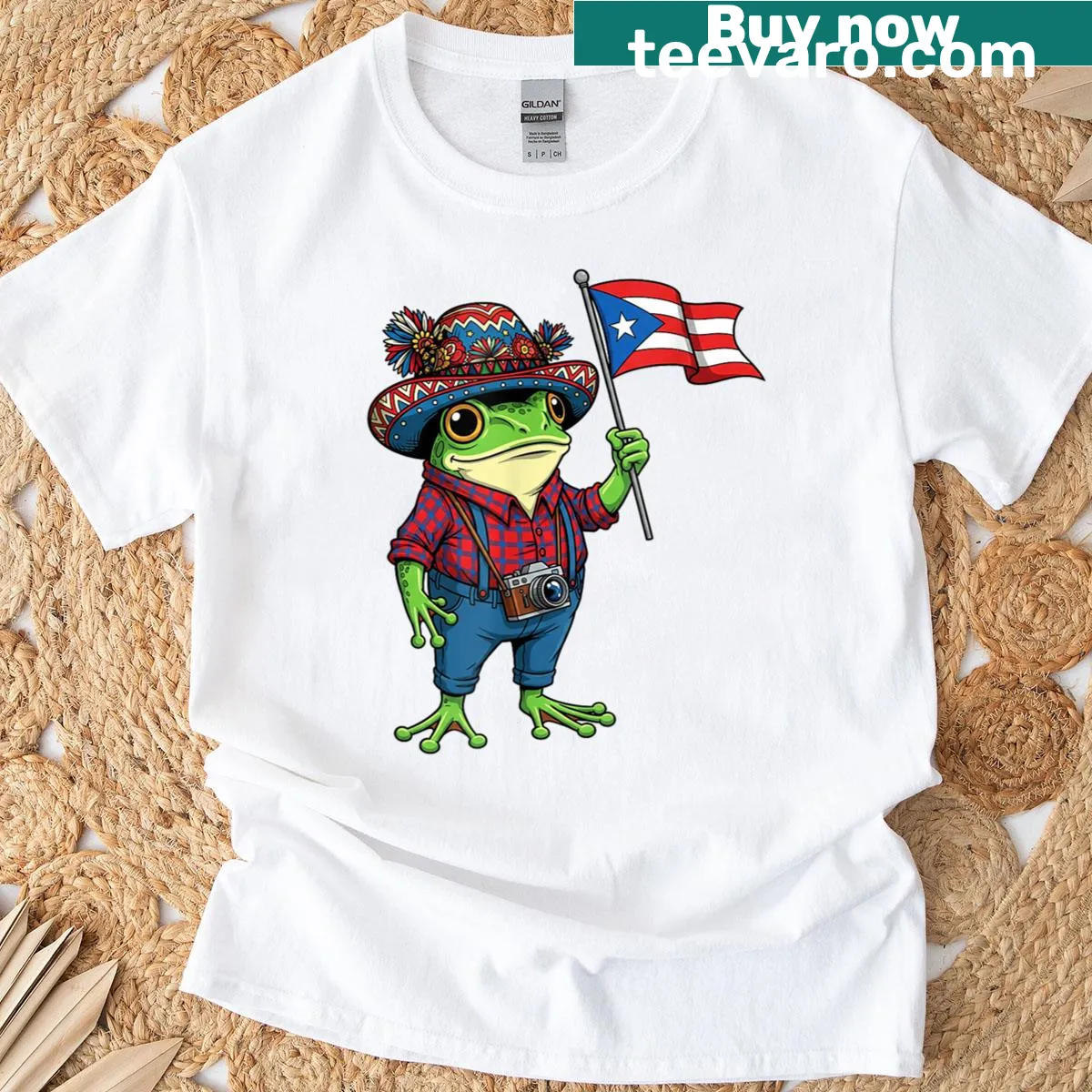 Illustration of a coquí frog and Puerto Rican flag on a T-shirt — on a men's t-shirt