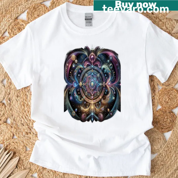 Intricate cosmic mandala graphic on a t-shirt.