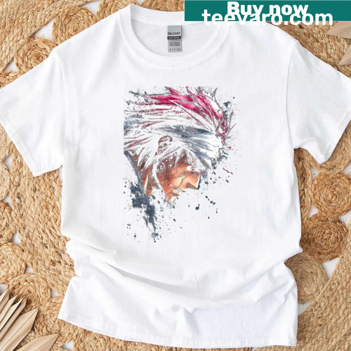 Tattooed soul reaper graphic on Crimson Blade Shinigami T-shirt — on a men's t-shirt
