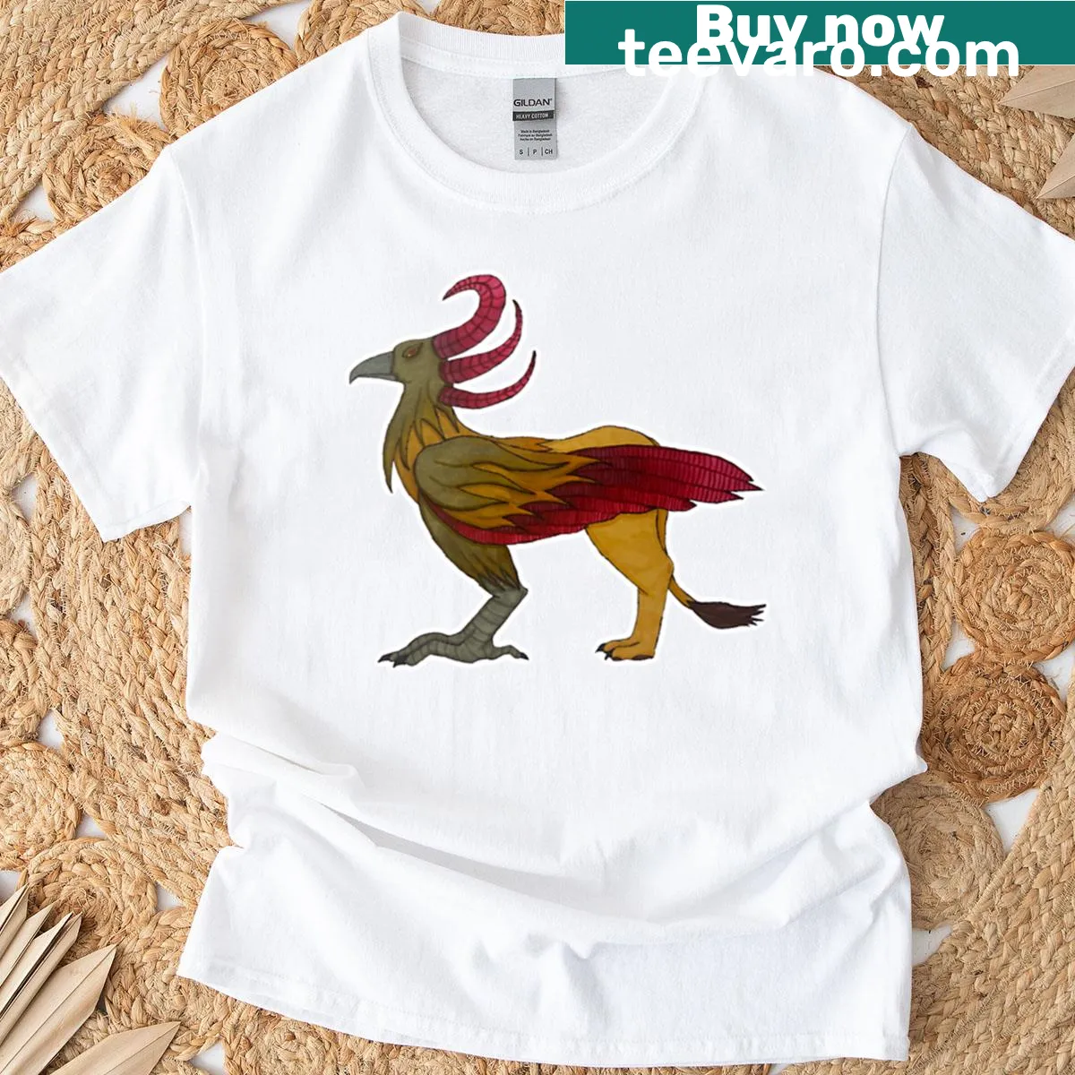 Hand-drawn illustration of a crimson-horned chimera on a T-shirt — on a men's t-shirt