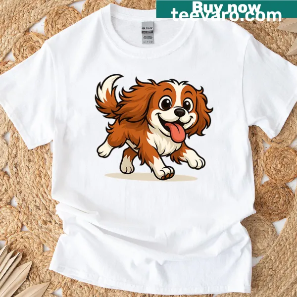 Cartoon illustration of Cavalier King Charles dog on t-shirt