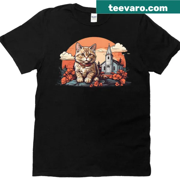 Cute cat illustration near a church on a casual T-shirt
