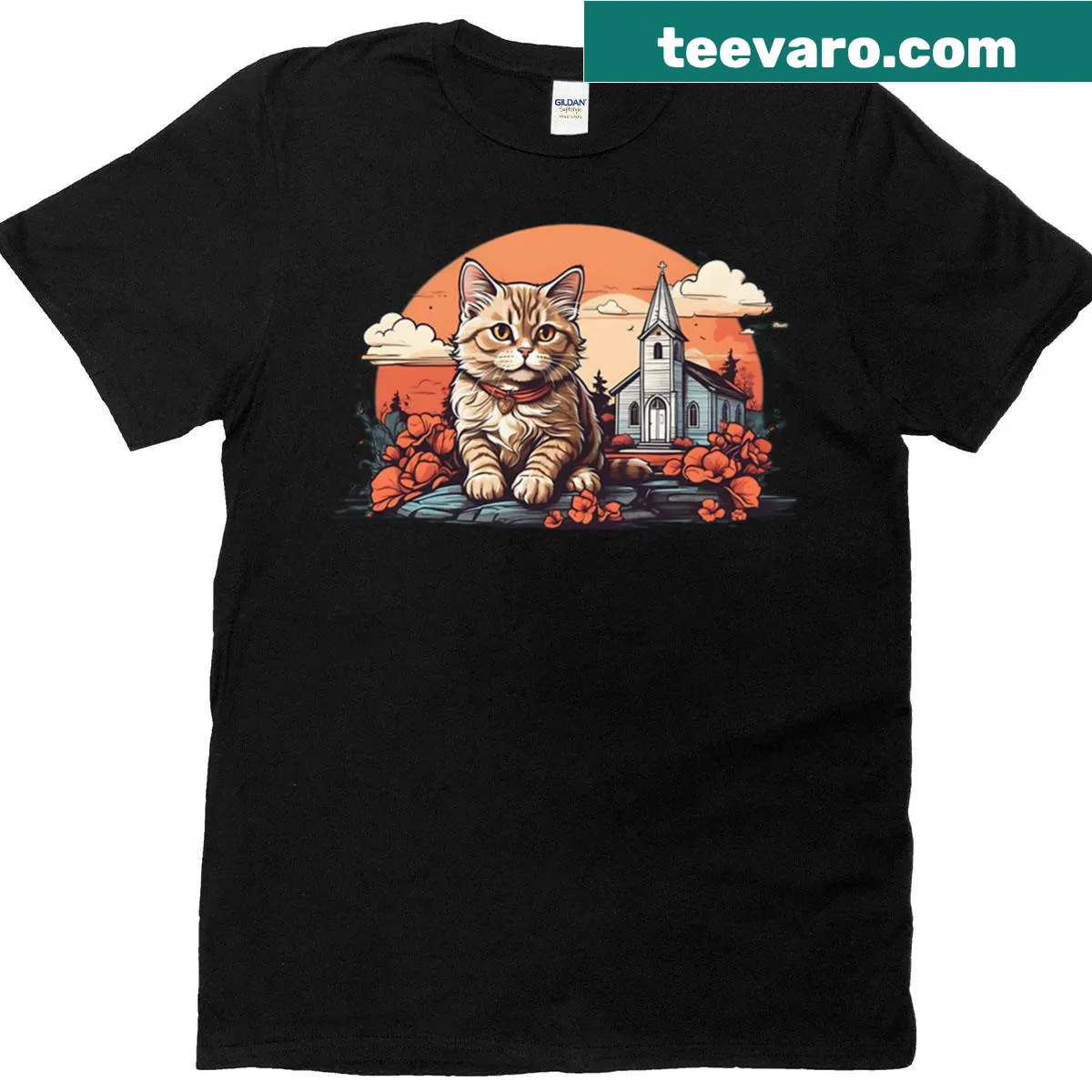 Cute cat illustration near a church on a casual T-shirt — on a men's t-shirt