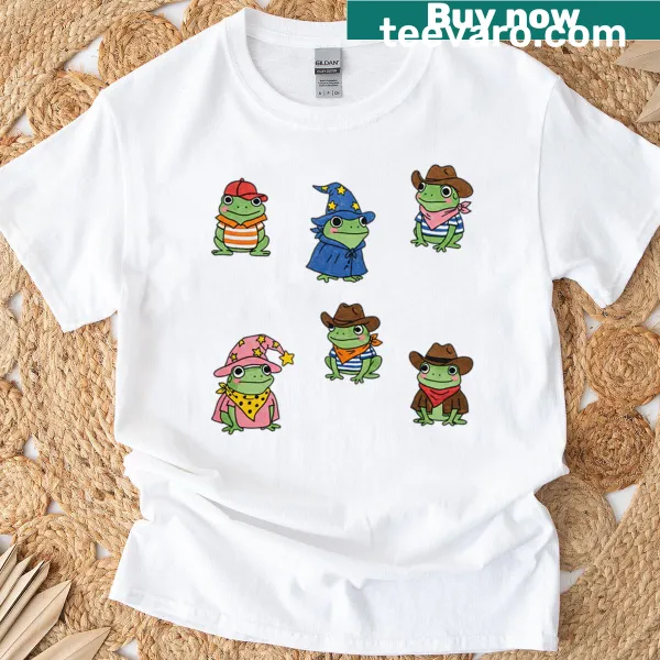 Cute frogs wearing hats illustrated on a T-shirt