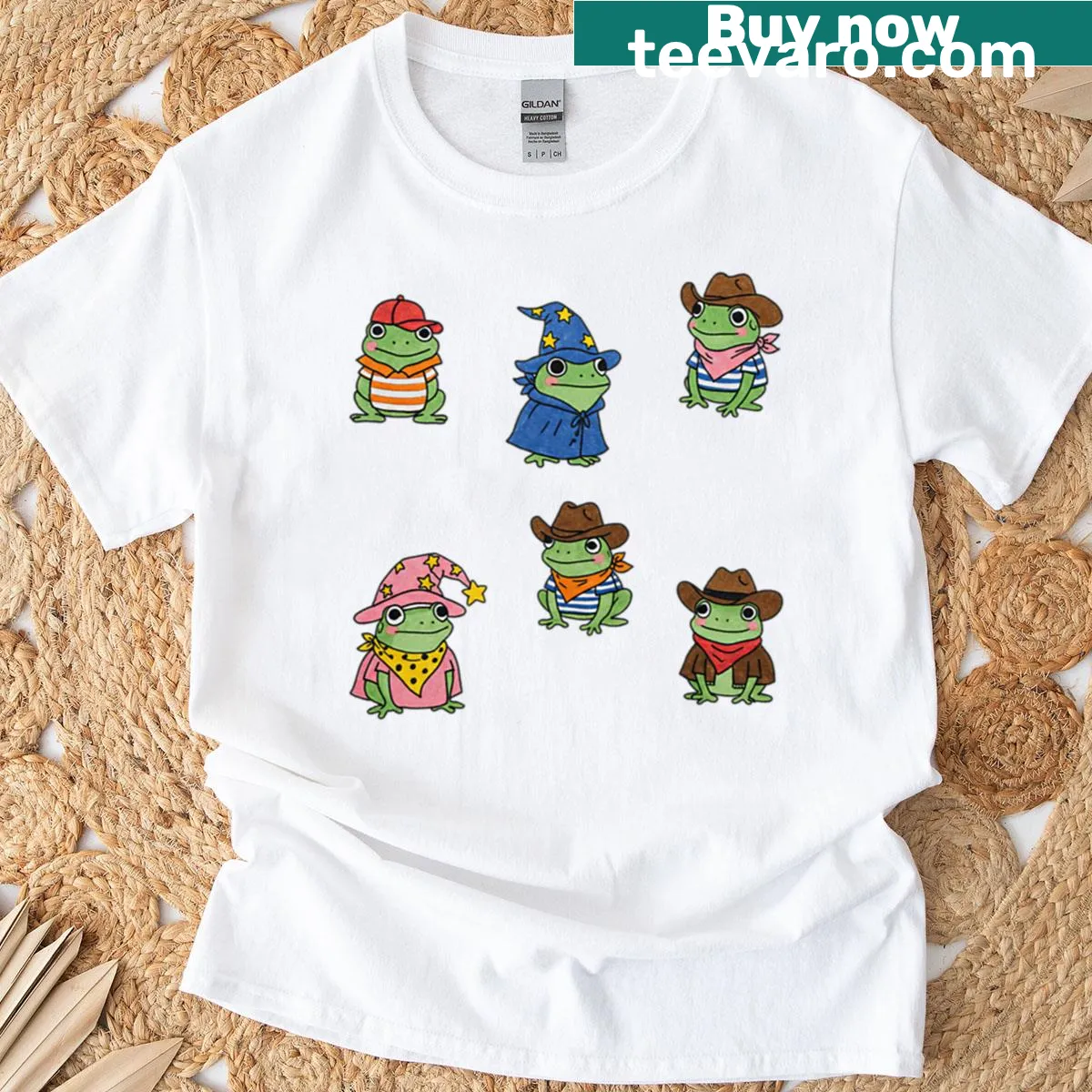 Cute frogs wearing hats illustrated on a T-shirt — on a men's t-shirt