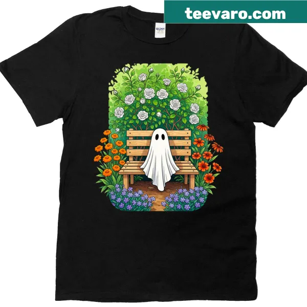 Adorable ghost illustration on a garden bench on a T-shirt