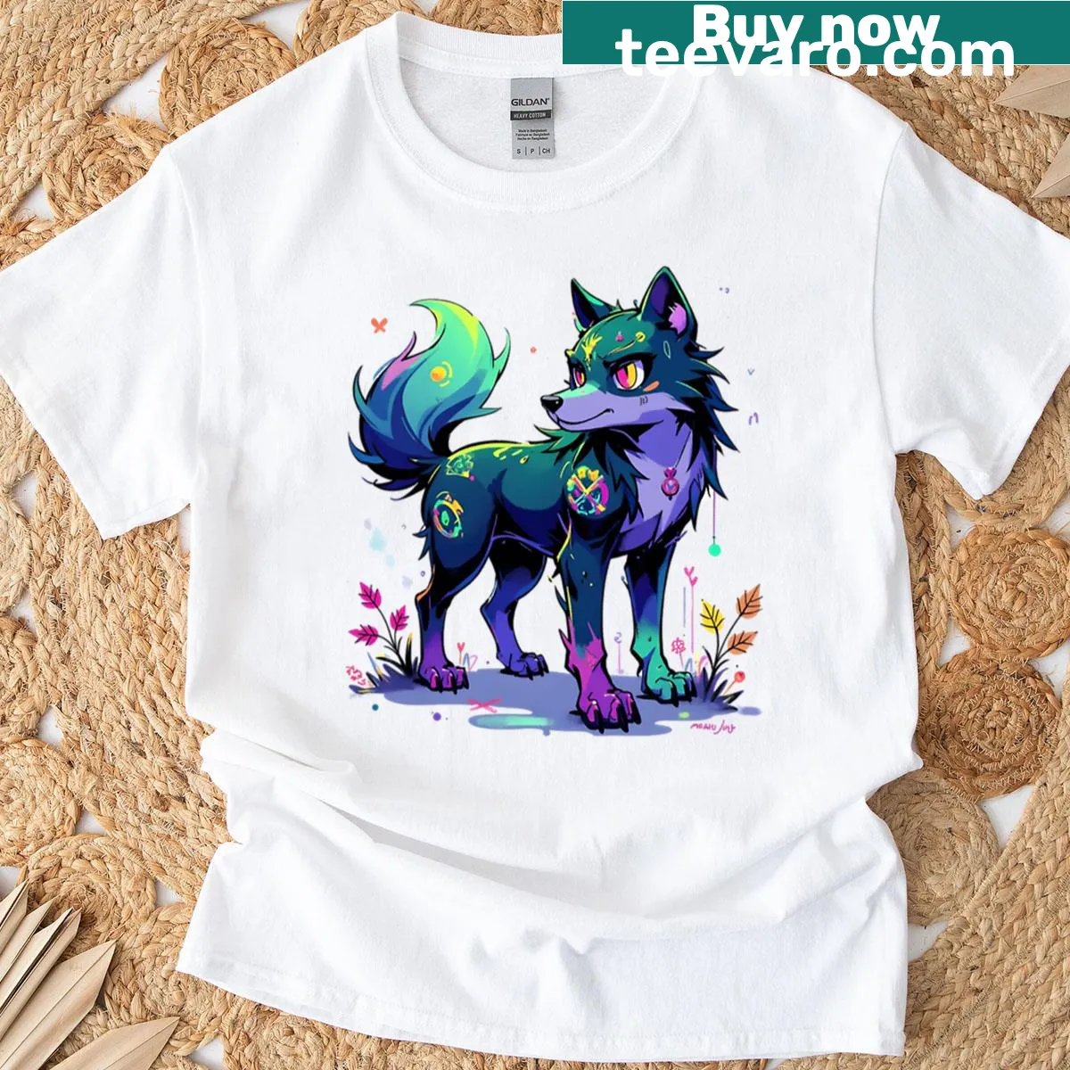 Cyberpunk illustration of a cute wolf on a T-shirt — on a men's t-shirt