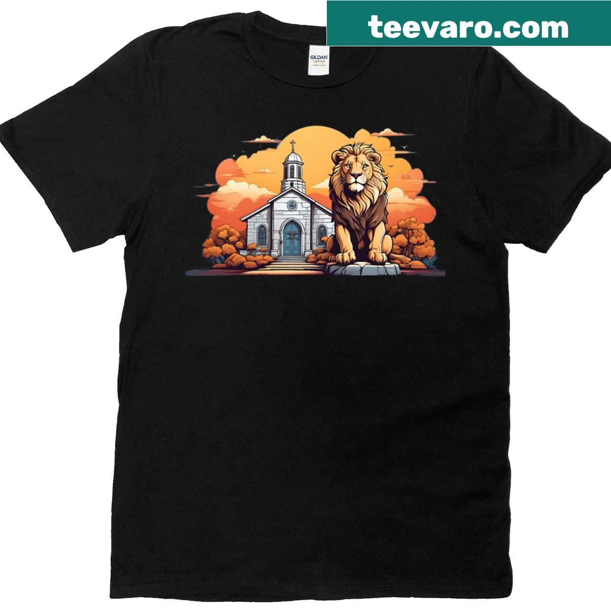Adorable T-shirt featuring a lion near a church illustration — on a men's t-shirt
