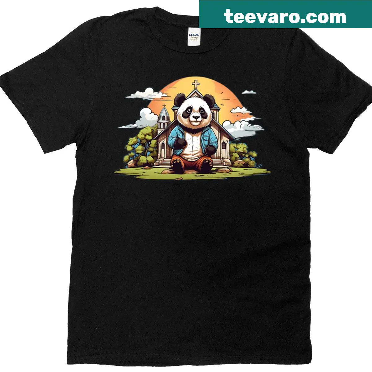 Illustration of a cute panda near a church on a t-shirt — on a men's t-shirt