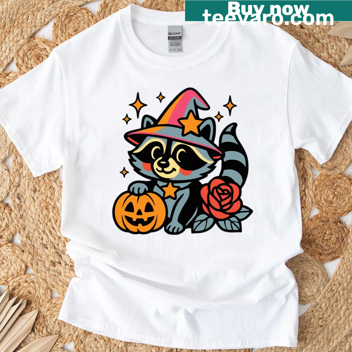 Cartoon raccoon witch with pumpkin design on a T-shirt — on a men's t-shirt