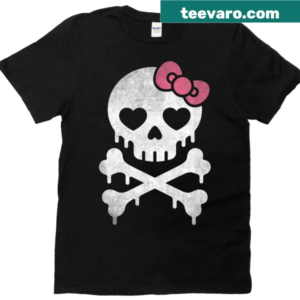 Cute skull with pink bow and dripping crossbones on T-shirt