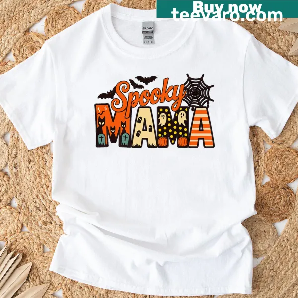 Charming Halloween graphic t-shirt for women with ghosts and pumpkins.