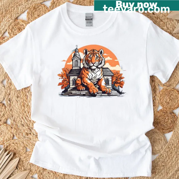 Illustrated cute tiger near a church on a T-shirt
