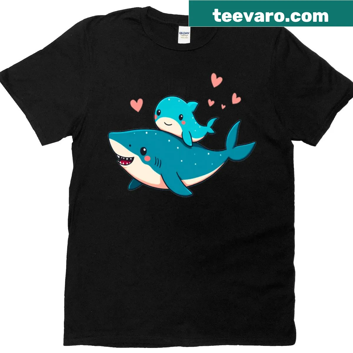 Illustration of a whale shark and baby with hearts — on a men's t-shirt