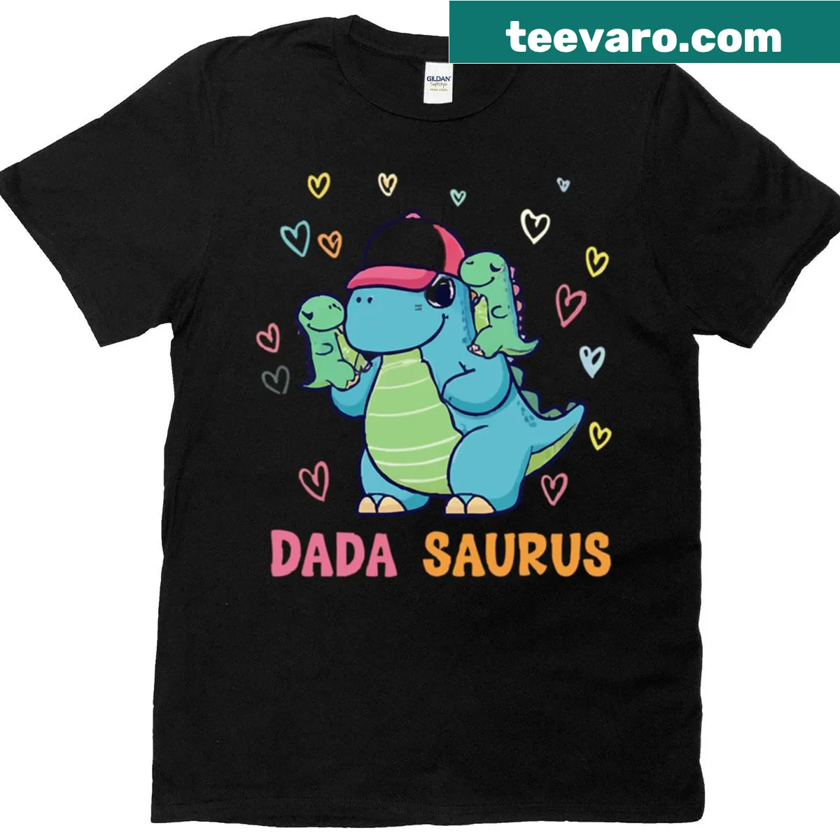 Cute baby dinosaur T-shirt with the phrase 'Dada Saurus' — on a men's t-shirt