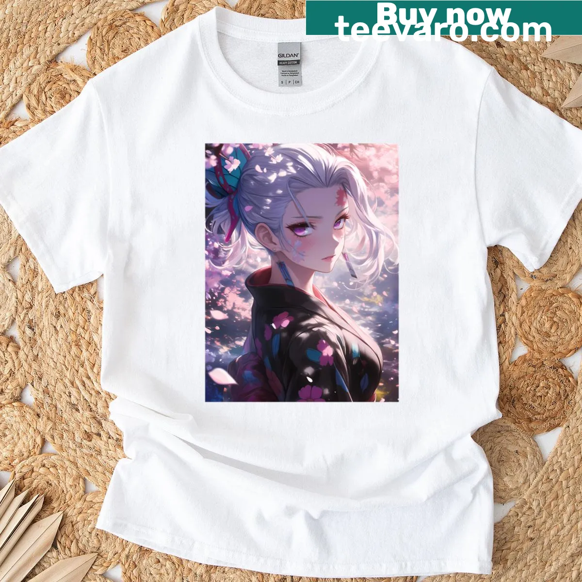 Anime T-shirt featuring Daki in silver hair and kimono with sakura — on a men's t-shirt