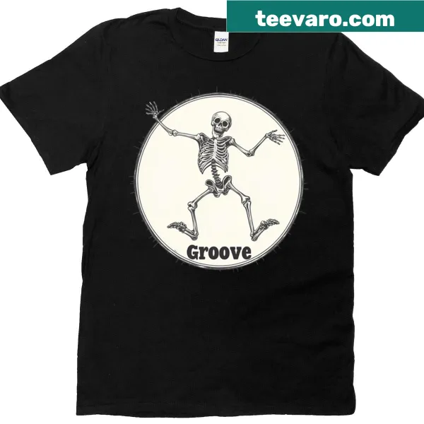 Dancing skeleton graphic on a T-shirt in a playful style