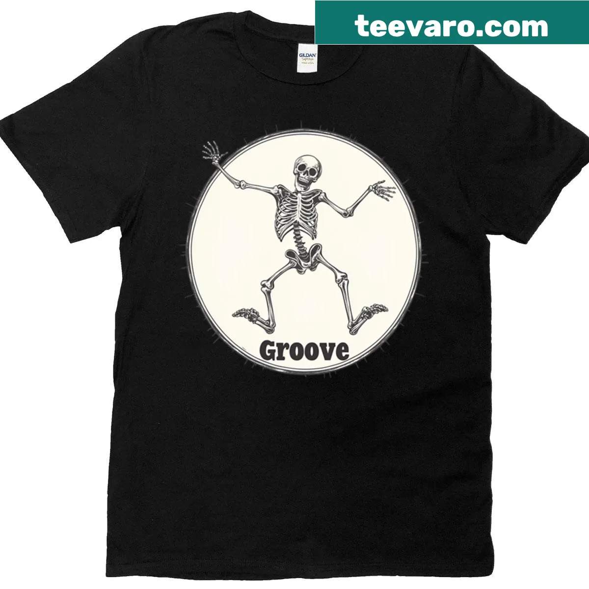 Dancing skeleton graphic on a T-shirt in a playful style — on a men's t-shirt