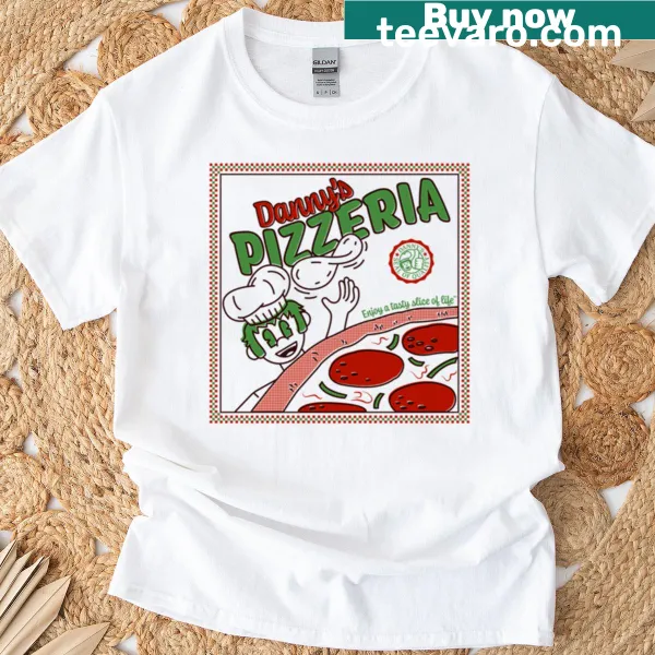 Cartoon-style pizza box logo graphic t-shirt