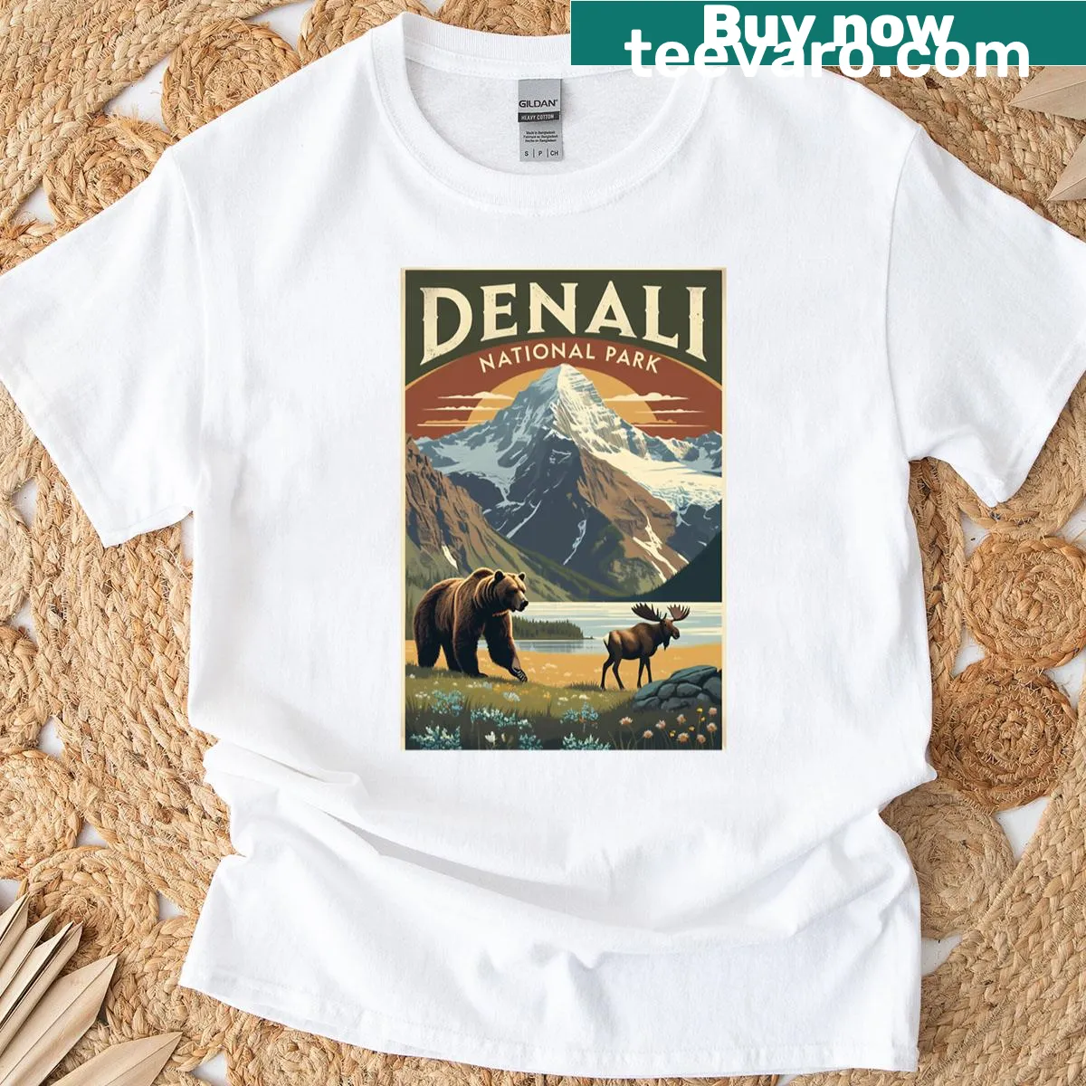 Illustrative T-shirt featuring Denali National Park's scenic beauty. — on a men's t-shirt