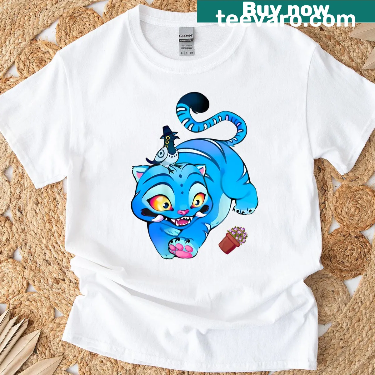 Cute t-shirt with a derpy tiger and bird illustration on the back — on a men's t-shirt